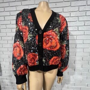 Farm Rio Womens Latin Roses Sequin V-Neck Button Front Cardigan Sweater | L